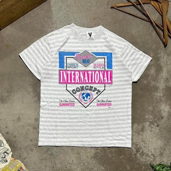 Vintage 90s Single Stitch International Concept Striped Tee Men Large Grey Shirt - Picture 1 of 5